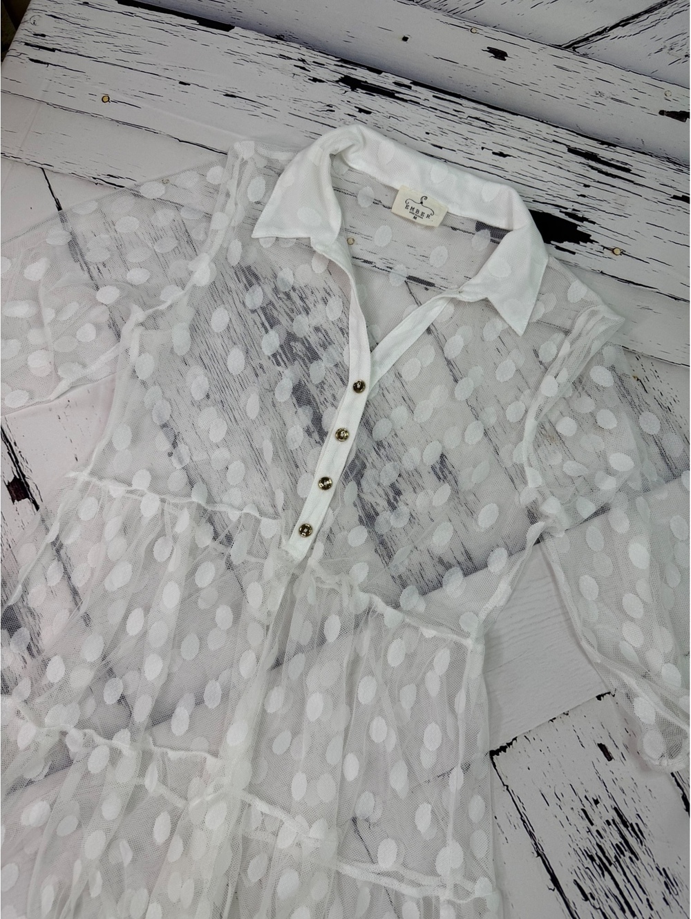 Ember Fairycore Whimsy Sheer White Polka Dot Tulle Midi Dress Shacket Women M